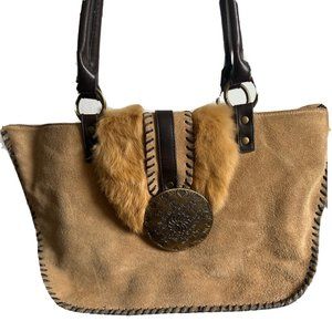Nicole Lee Suede Purse Metal  And Fur Accents  Zipper Magnetic Closure Large Bag